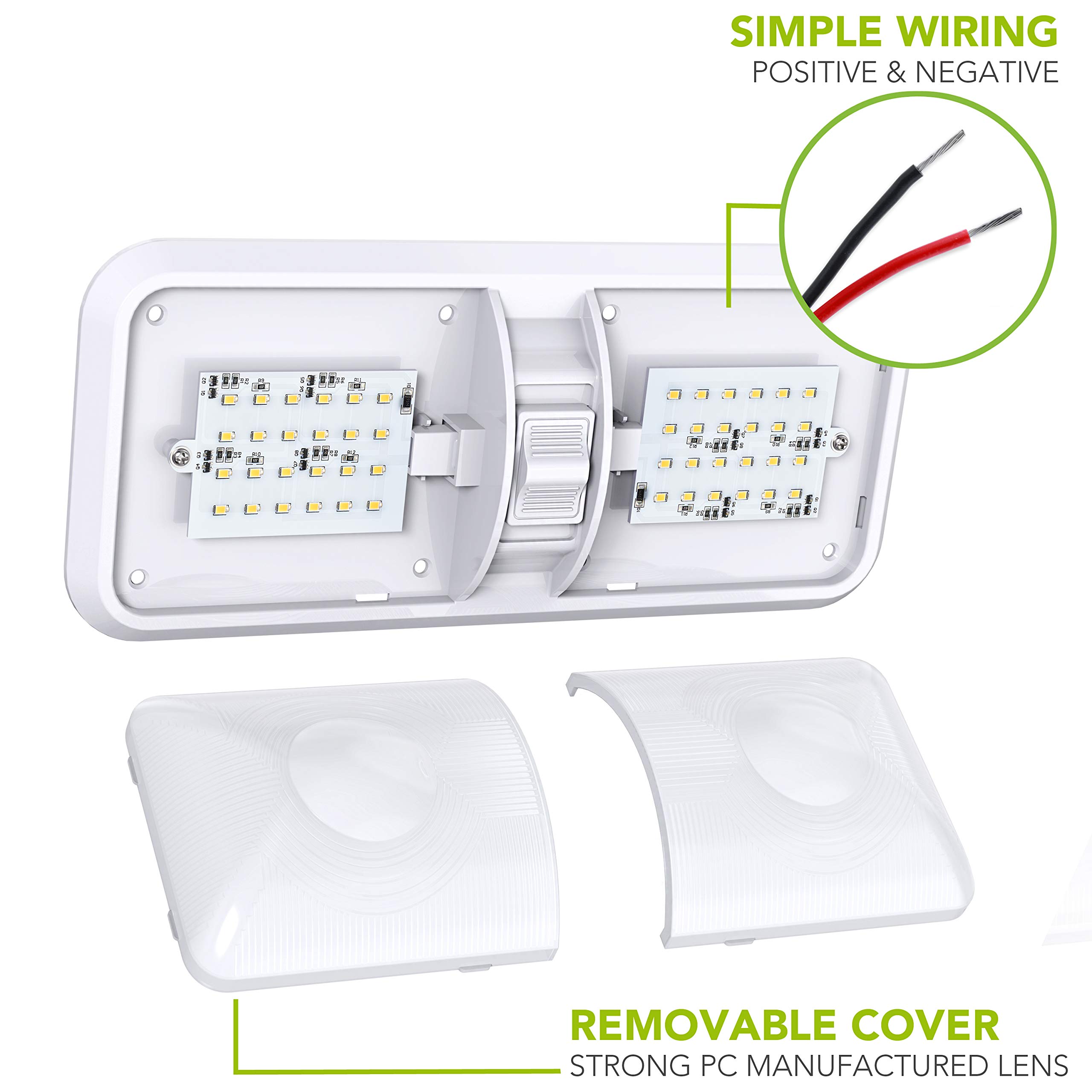 Leisure LED 1 Pack RV LED Ceiling Double Dome Light Fixture with ON/Off Switch Interior Lighting for Car/RV/Trailer/Camper/Boat DC 12V 48X2835SMD (Frosted Lens Natural White 4000-4500K, 1-Pack) - Image 6