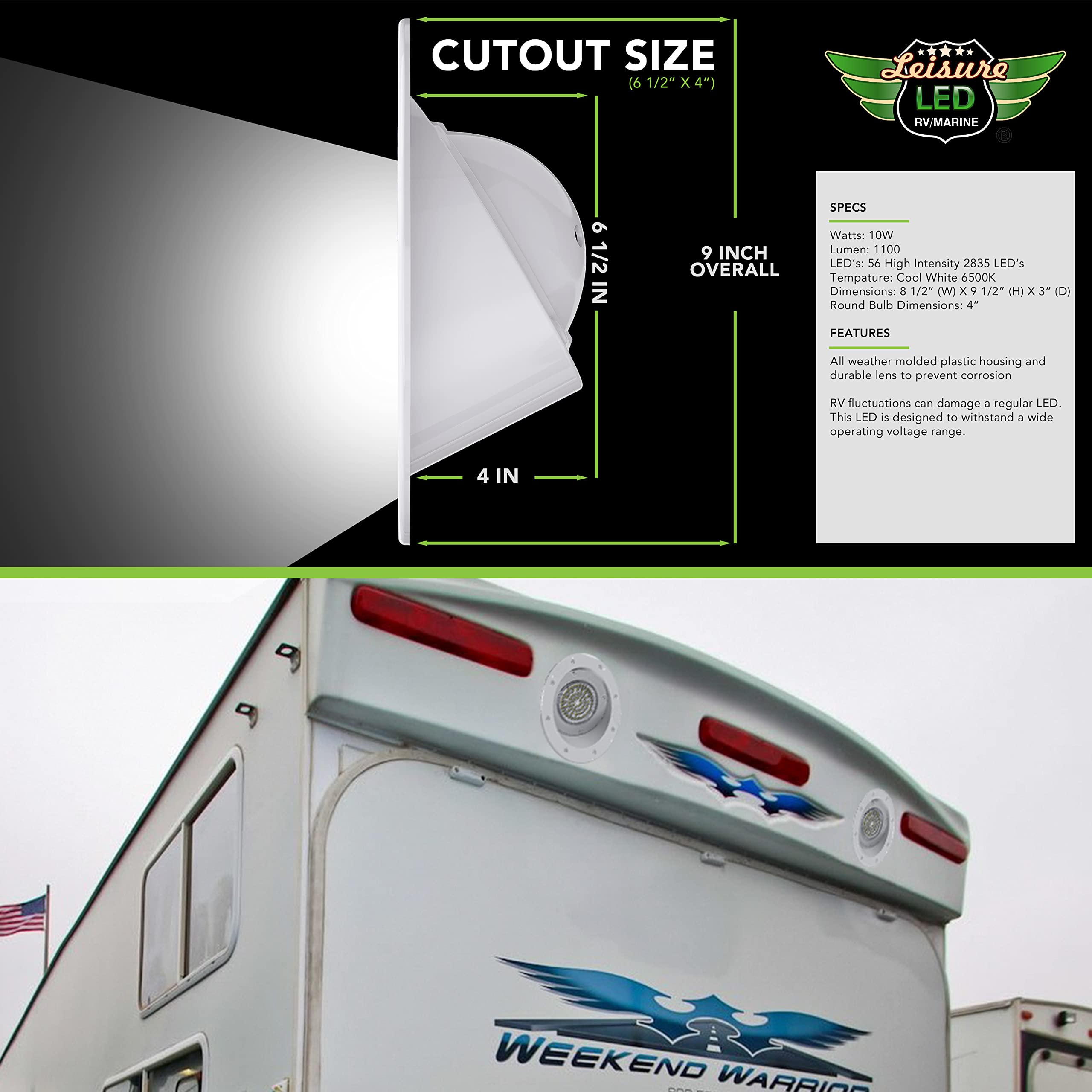 Leisure LED RV Exterior Round Flood Porch Utility Light - White 12v 1100 Lumen Lighting Fixture Replacement Lighting for Weekend Warrior RVs, Trailers, Campers, 5th Wheels (White) - Image 5